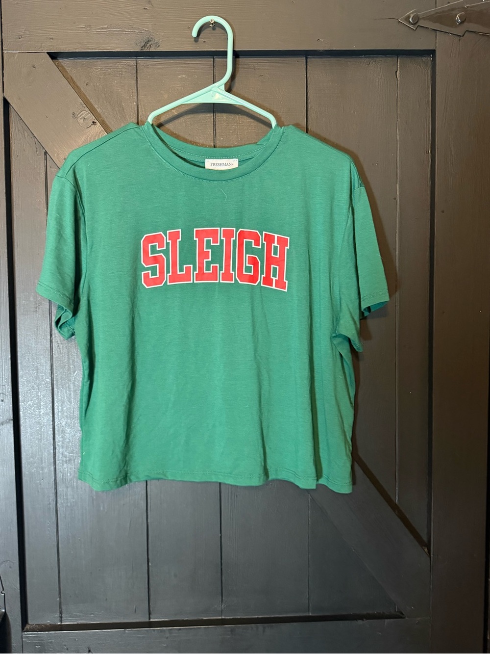 Freshman Green Crop Tee with Red 'SLEIGH' Graphic